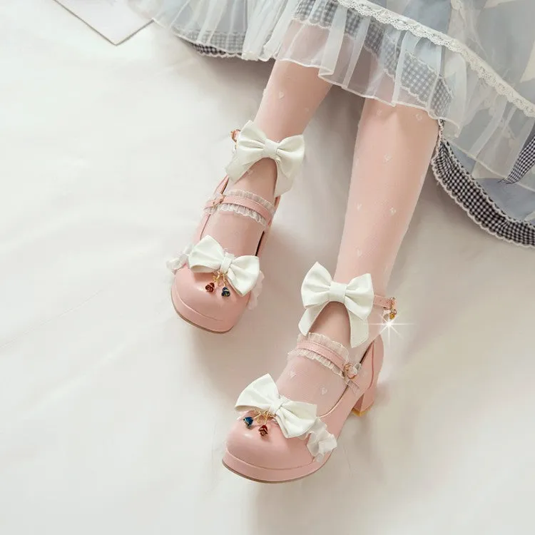 Women Lolita Bow Tie Shallow Ankle Strap Chunky Heel Pumps