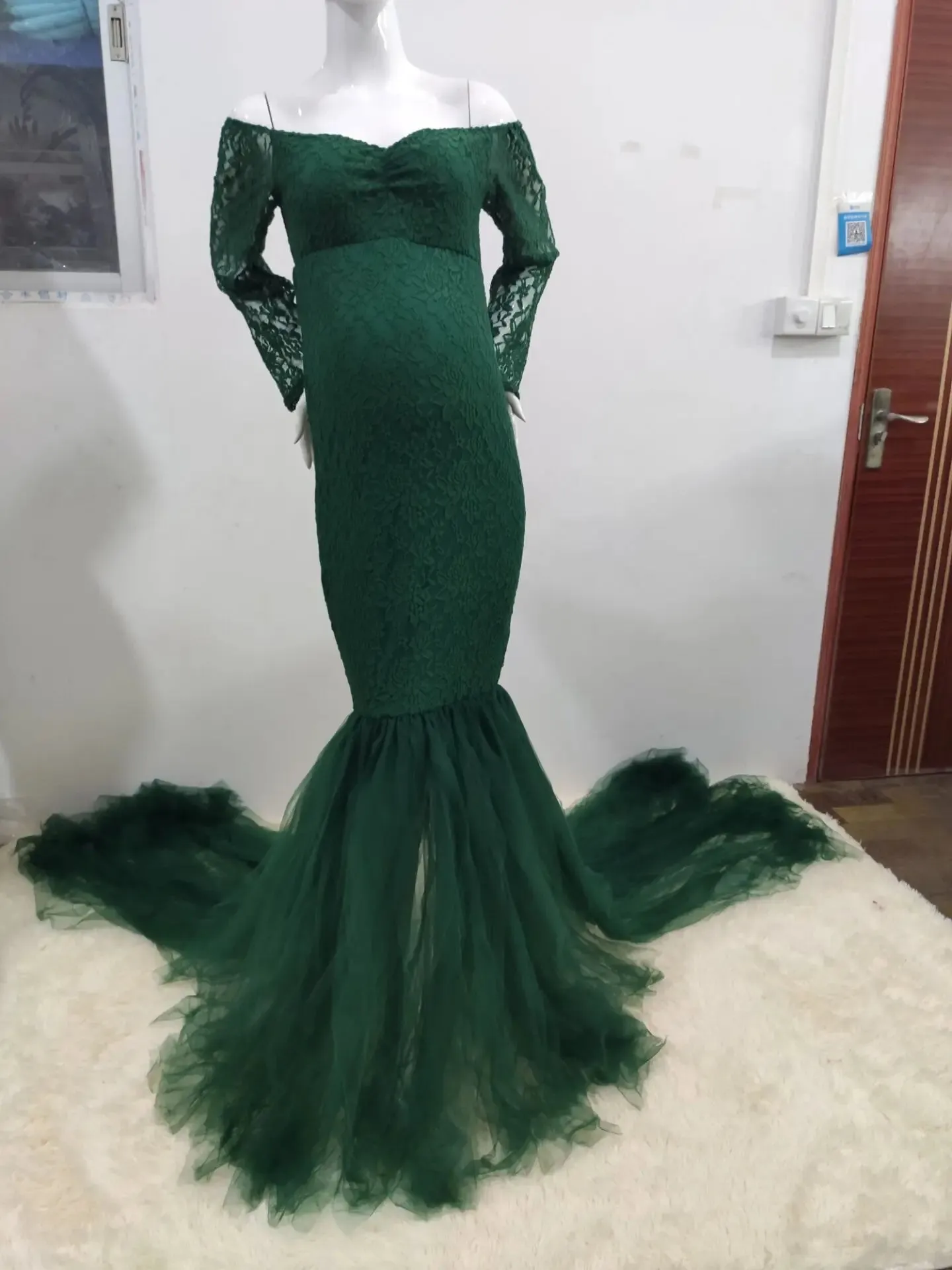 Women Long Sleeve Off Shoulder Lace Maternity Dress for Photography Baby Shower with Mermaid Tulle Gown Photoshoot Baby Shower