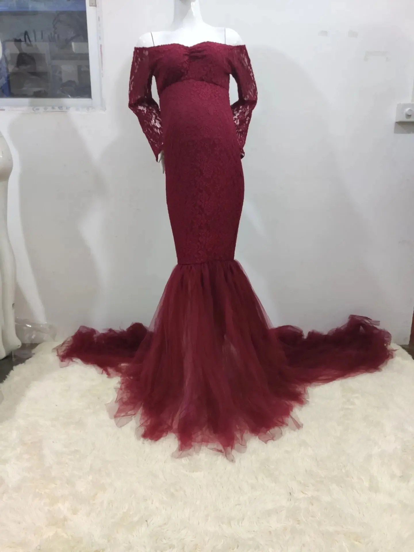 Women Long Sleeve Off Shoulder Lace Maternity Dress for Photography Baby Shower with Mermaid Tulle Gown Photoshoot Baby Shower