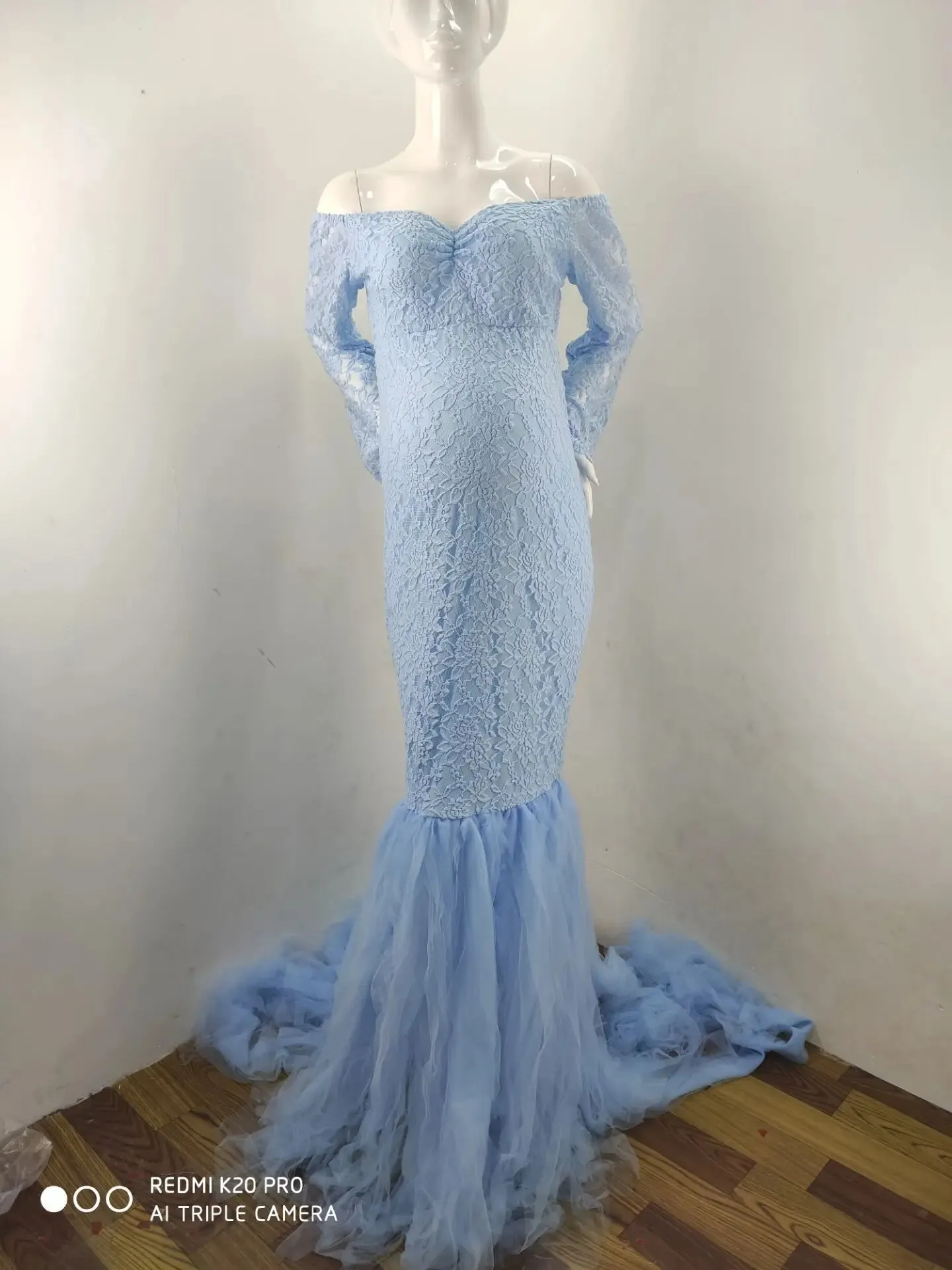Women Long Sleeve Off Shoulder Lace Maternity Dress for Photography Baby Shower with Mermaid Tulle Gown Photoshoot Baby Shower