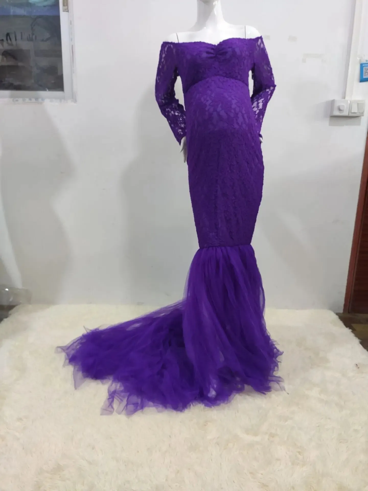 Women Long Sleeve Off Shoulder Lace Maternity Dress for Photography Baby Shower with Mermaid Tulle Gown Photoshoot Baby Shower