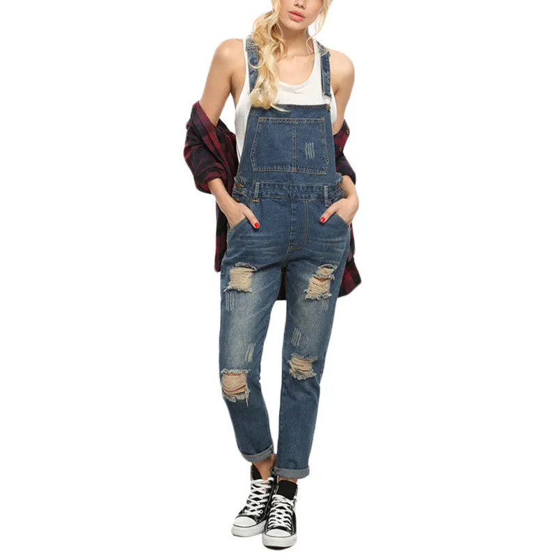 Women Rompers and Jumpsuits for Summer Casual Sleeveless Straps Ripped Blue Denim Pockets Overall Jumpsuit