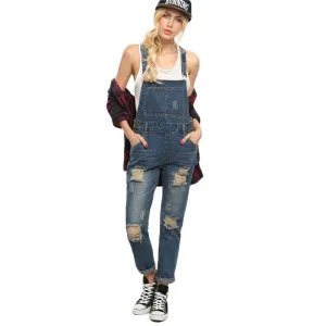 Women Rompers and Jumpsuits for Summer Casual Sleeveless Straps Ripped Blue Denim Pockets Overall Jumpsuit