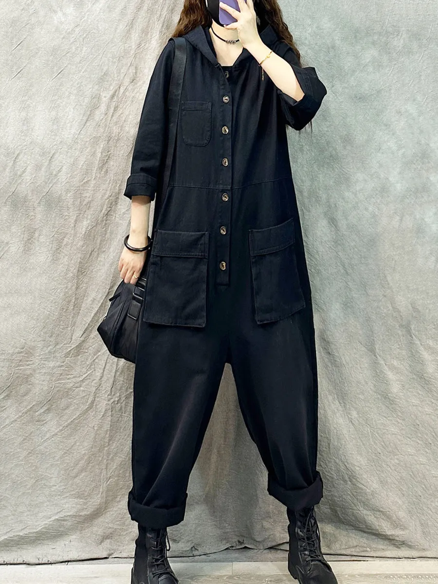 Women Vintage Solid Denim Long Sleeve Hooded Jumpsuits