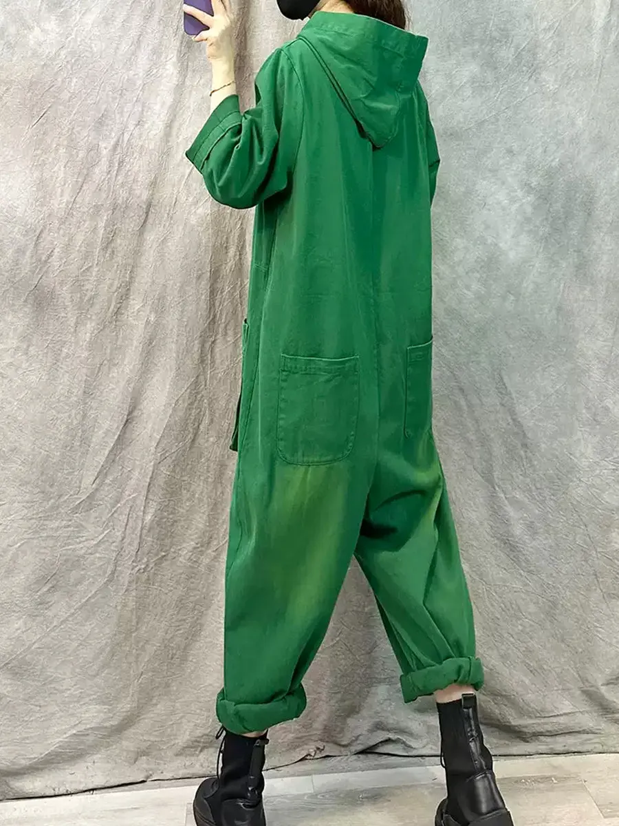 Women Vintage Solid Denim Long Sleeve Hooded Jumpsuits