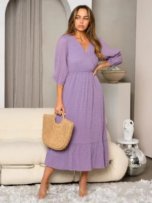 WOMEN'S 3/4  SLEEVE SURPLICE STRETCH LACE MIDI DRESS
