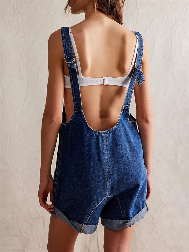 Women's Adjustable Short Denim Jumpsuits with Pockets