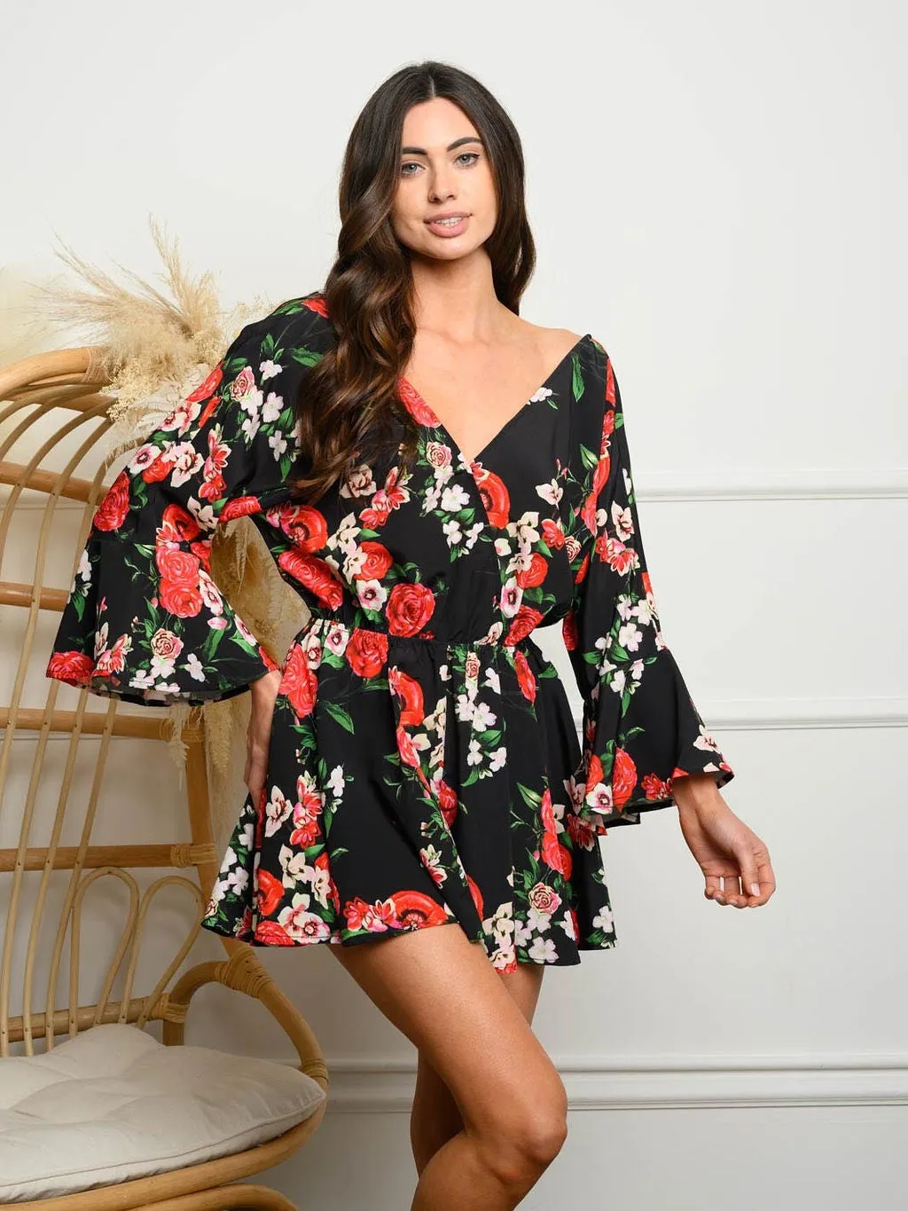WOMEN'S BELL SLEEVE FLORAL SURPLICE ROMPER