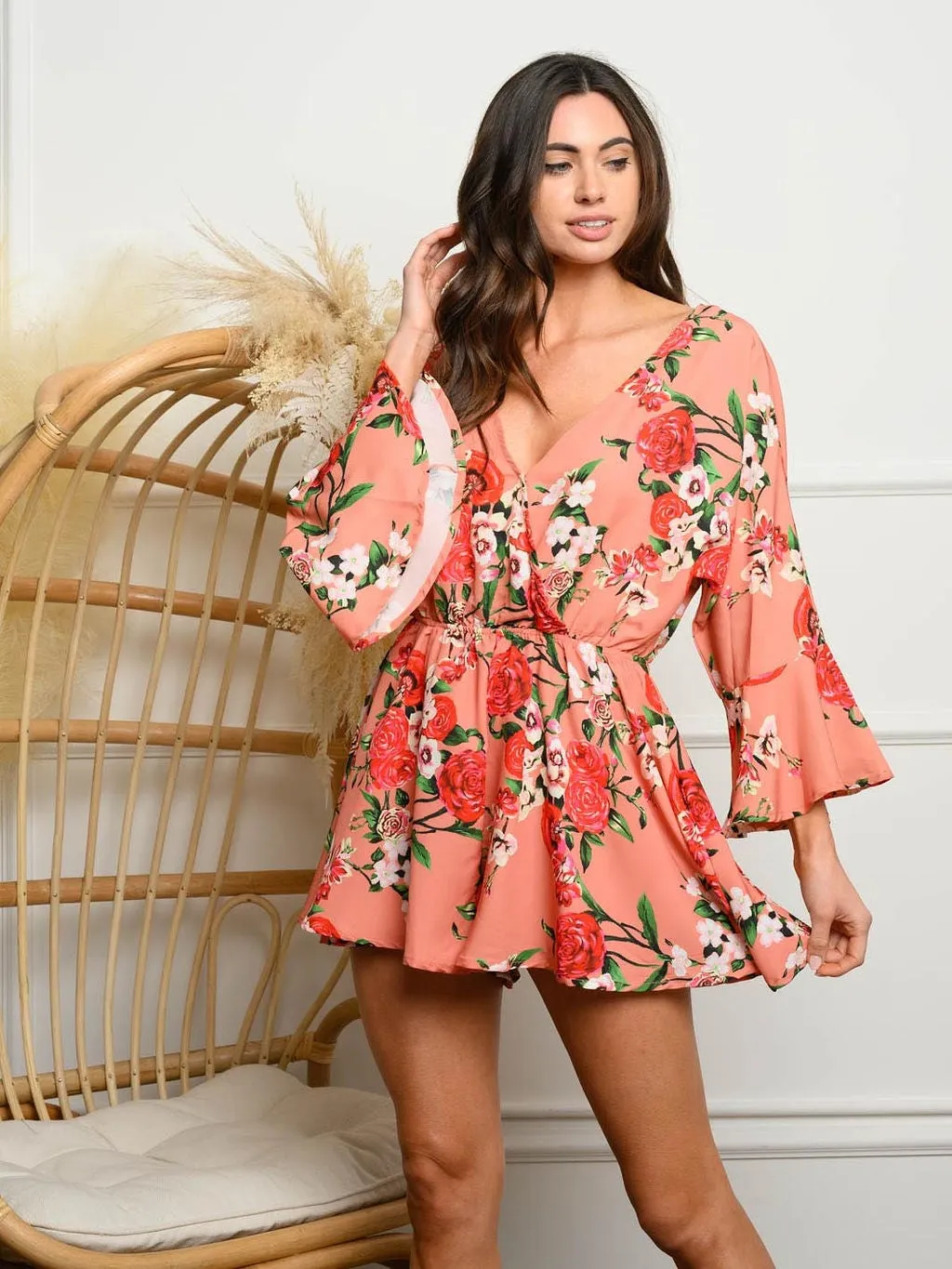 WOMEN'S BELL SLEEVE FLORAL SURPLICE ROMPER