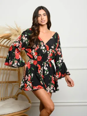 WOMEN'S BELL SLEEVE FLORAL SURPLICE ROMPER