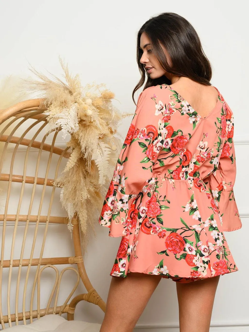 WOMEN'S BELL SLEEVE FLORAL SURPLICE ROMPER