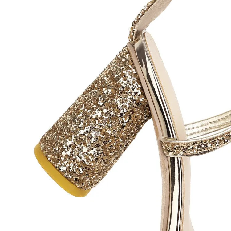 Women's Bling Bling Sequined Cross Ankle Strap Block Heel Chunky Sandals
