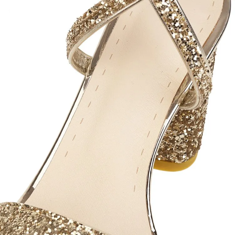 Women's Bling Bling Sequined Cross Ankle Strap Block Heel Chunky Sandals