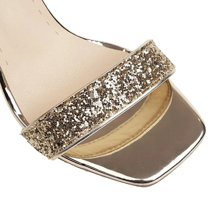 Women's Bling Bling Sequined Cross Ankle Strap Block Heel Chunky Sandals