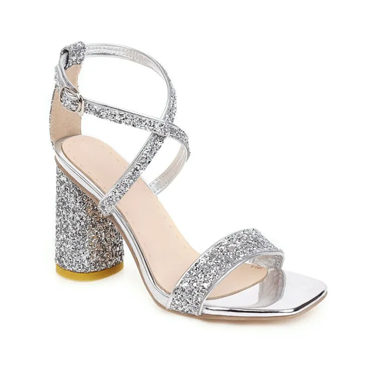 Women's Bling Bling Sequined Cross Ankle Strap Block Heel Chunky Sandals