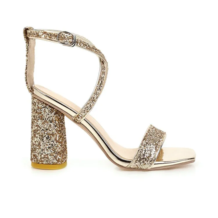 Women's Bling Bling Sequined Cross Ankle Strap Block Heel Chunky Sandals