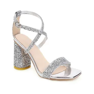 Women's Bling Bling Sequined Cross Ankle Strap Block Heel Chunky Sandals