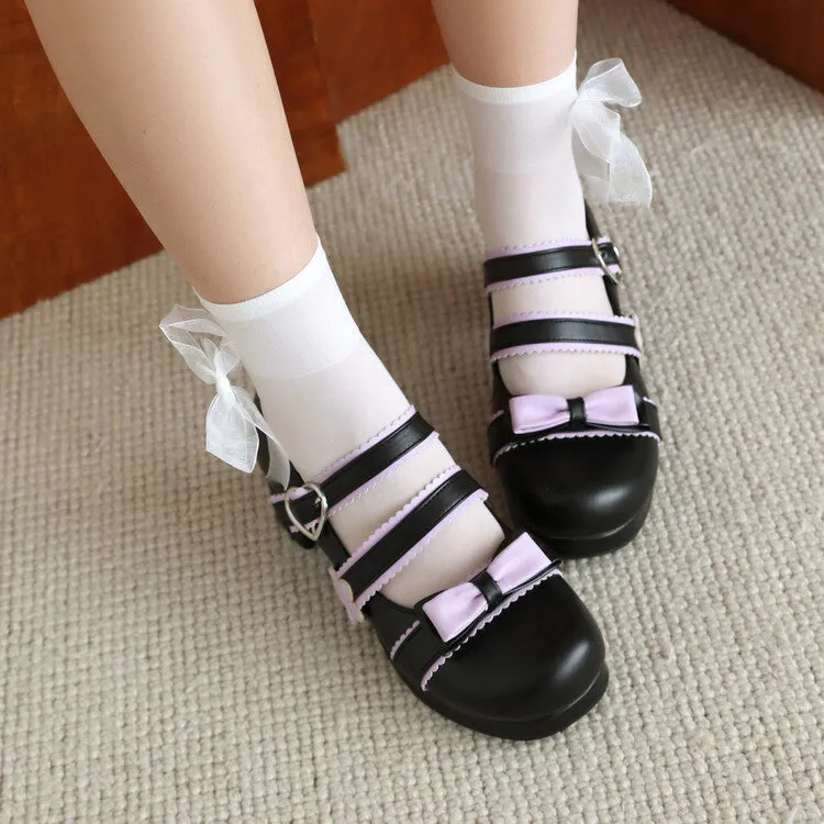 Women's Bow Tie Color Blocking Chunky Heel Platform Pumps High Heels Mary Jane Lolita Shoes