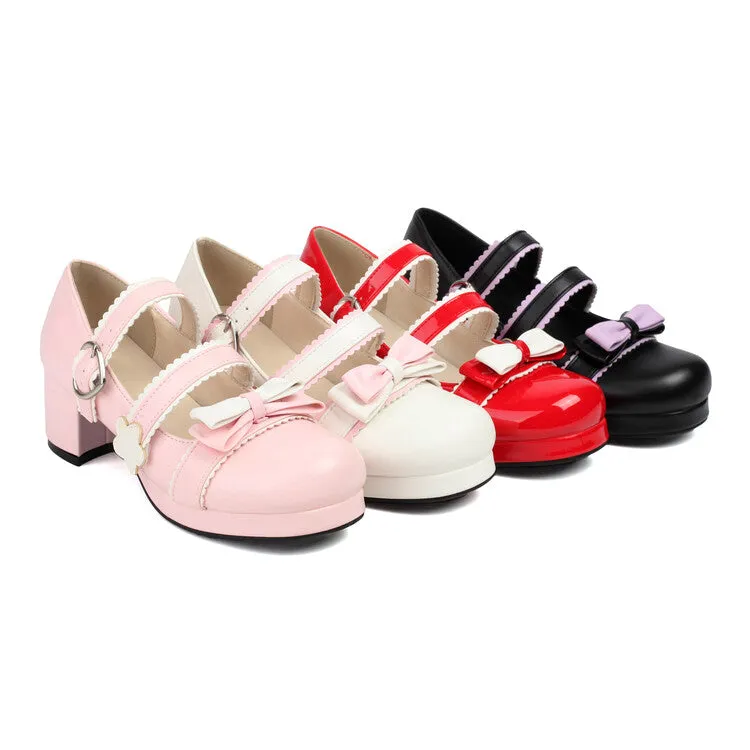 Women's Bow Tie Color Blocking Chunky Heel Platform Pumps High Heels Mary Jane Lolita Shoes