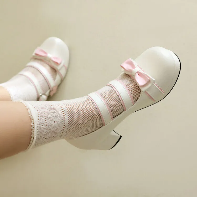 Women's Bow Tie Color Blocking Chunky Heel Platform Pumps High Heels Mary Jane Lolita Shoes