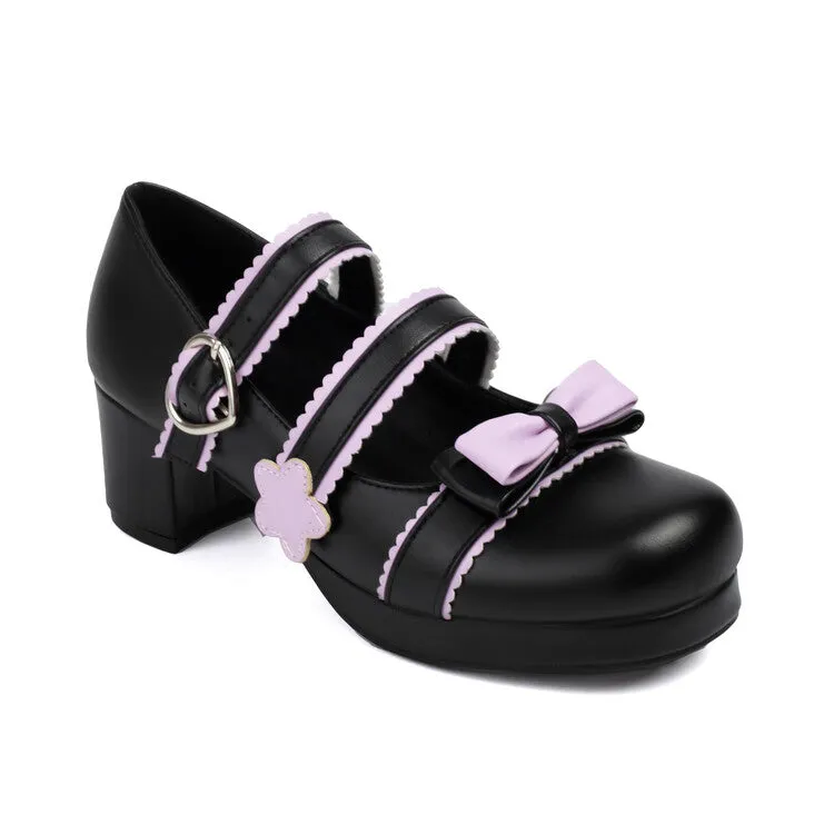 Women's Bow Tie Color Blocking Chunky Heel Platform Pumps High Heels Mary Jane Lolita Shoes