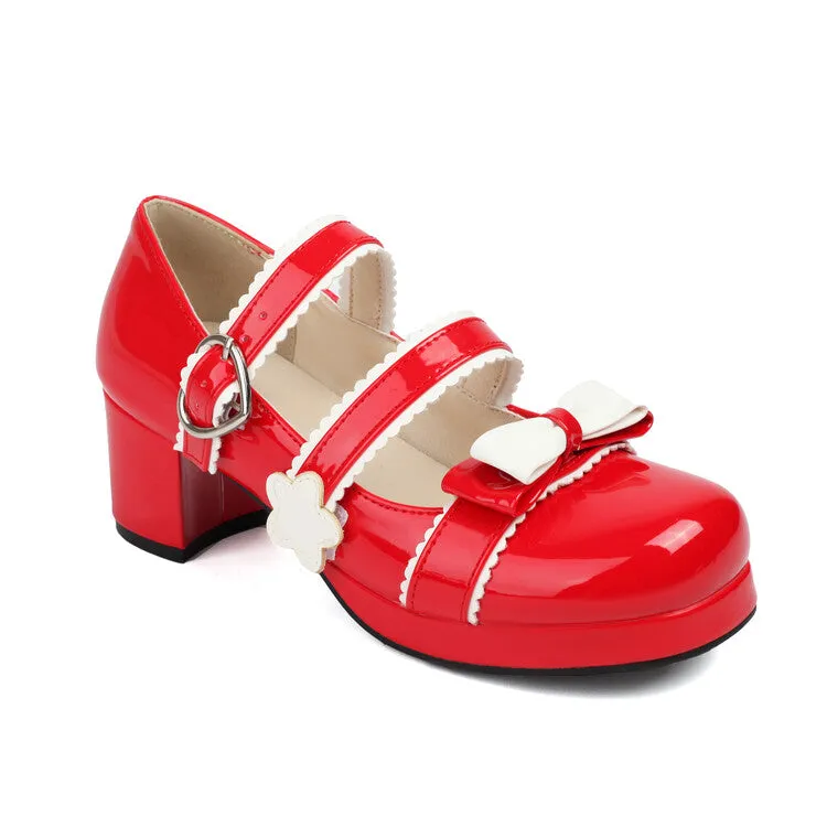 Women's Bow Tie Color Blocking Chunky Heel Platform Pumps High Heels Mary Jane Lolita Shoes