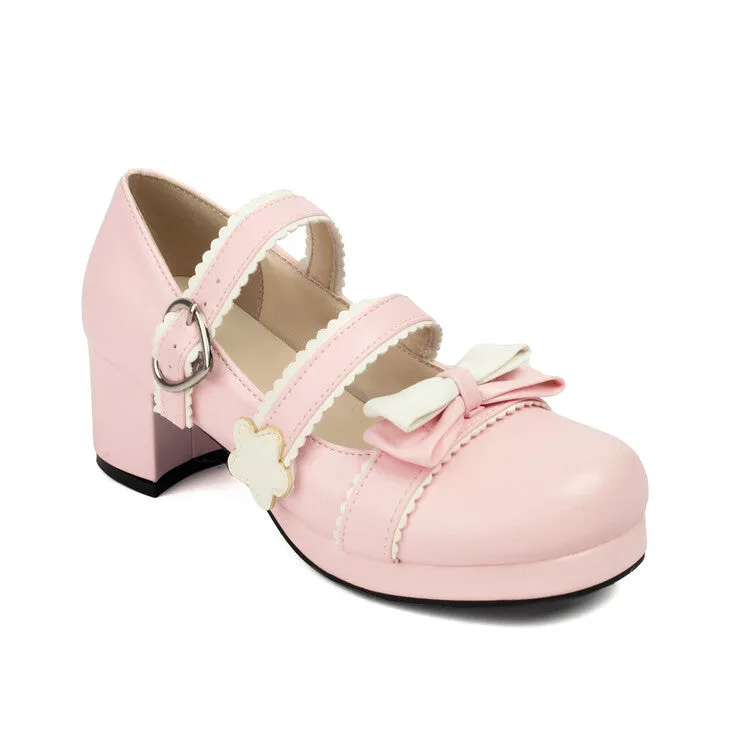 Women's Bow Tie Color Blocking Chunky Heel Platform Pumps High Heels Mary Jane Lolita Shoes