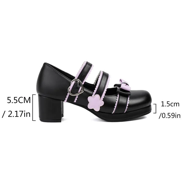 Women's Bow Tie Color Blocking Chunky Heel Platform Pumps High Heels Mary Jane Lolita Shoes