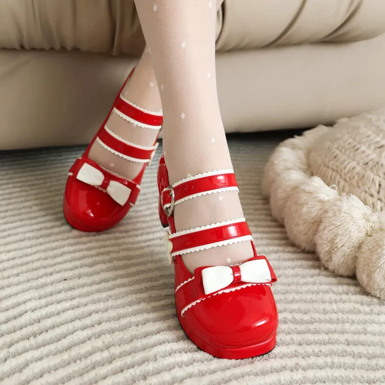 Women's Bow Tie Color Blocking Chunky Heel Platform Pumps High Heels Mary Jane Lolita Shoes