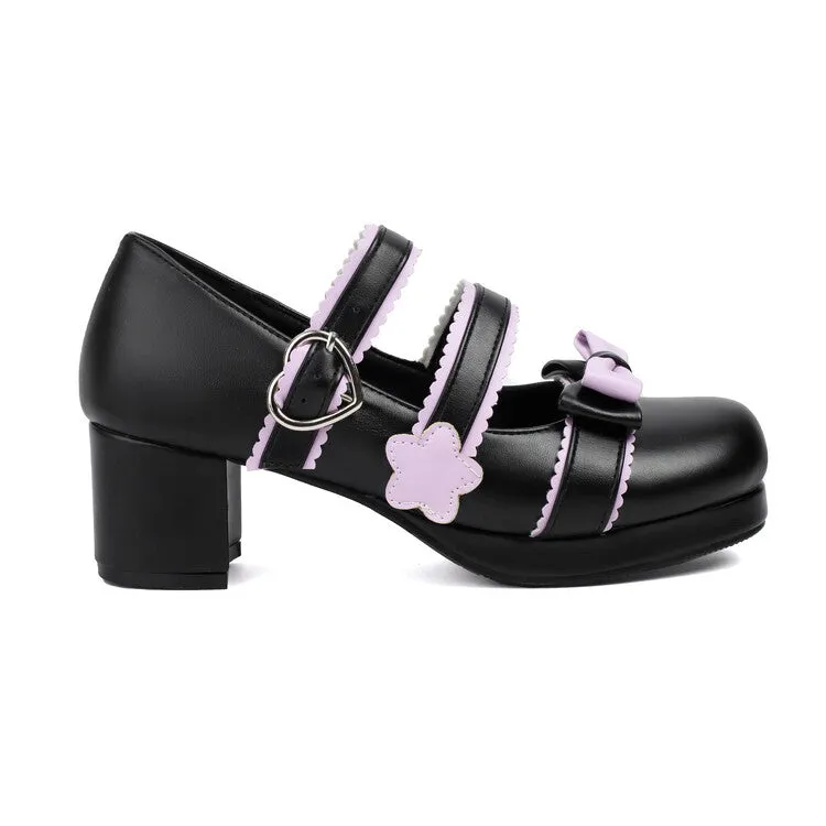 Women's Bow Tie Color Blocking Chunky Heel Platform Pumps High Heels Mary Jane Lolita Shoes