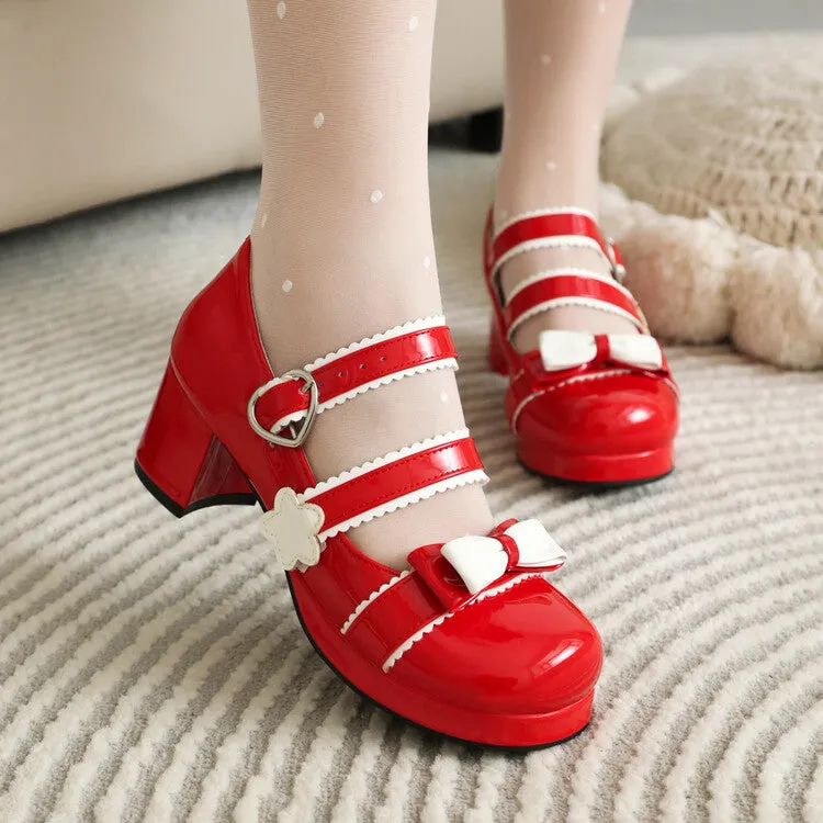 Women's Bow Tie Color Blocking Chunky Heel Platform Pumps High Heels Mary Jane Lolita Shoes