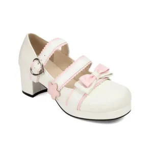 Women's Bow Tie Color Blocking Chunky Heel Platform Pumps High Heels Mary Jane Lolita Shoes