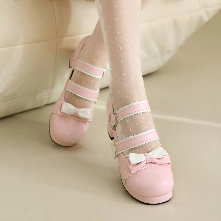 Women's Bow Tie Color Blocking Chunky Heel Platform Pumps High Heels Mary Jane Lolita Shoes