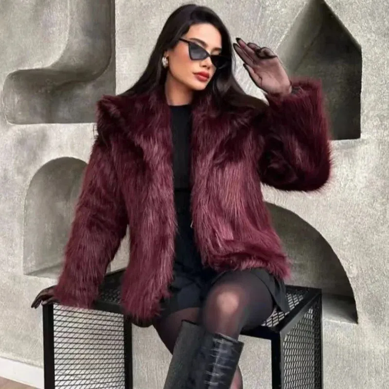 Women's Burgundy Fur Crop Long Sleeve Plush Jacket