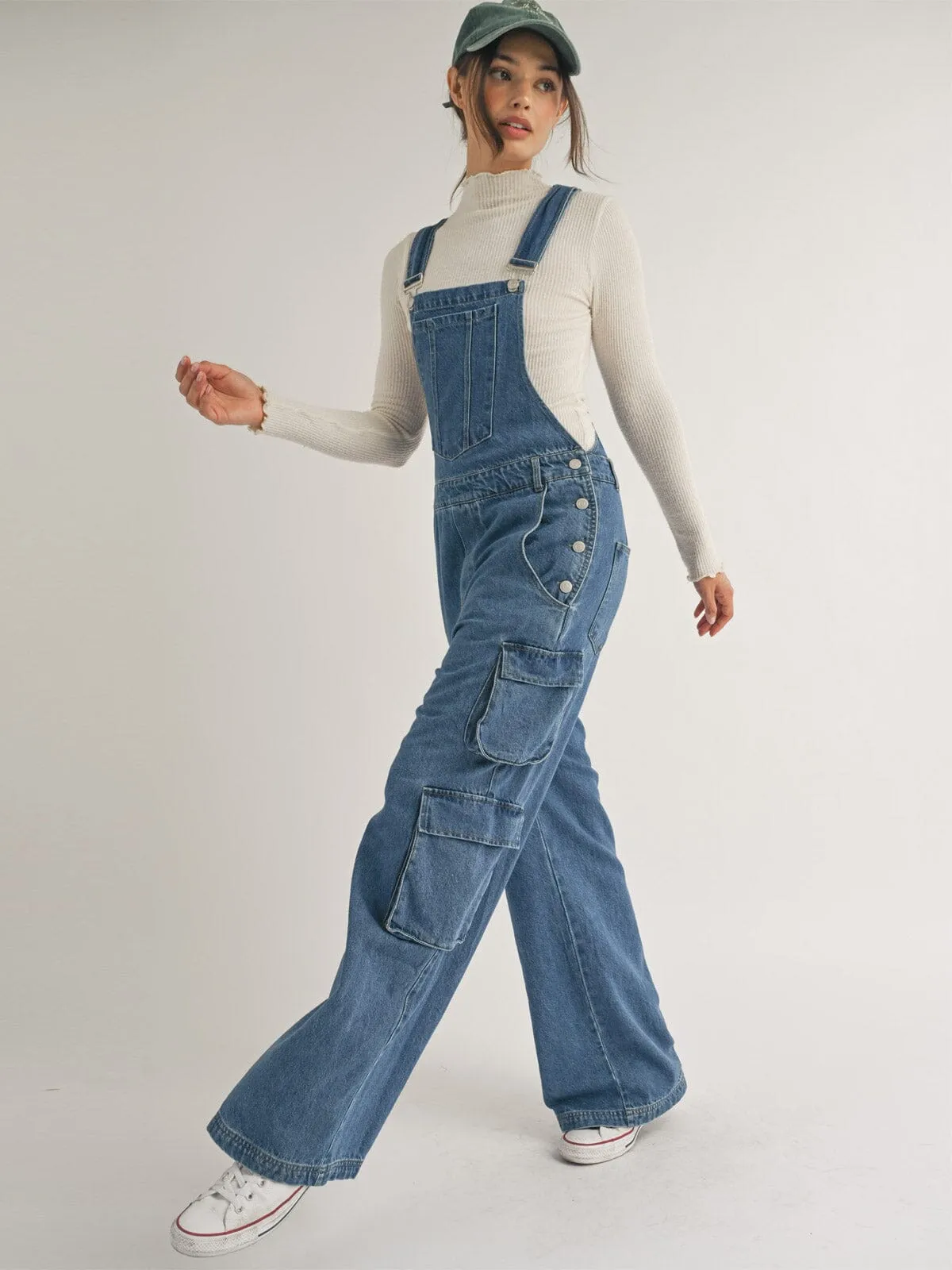 WOMEN'S BUTTON CLOSURE POCKETS DENIM OVERALL