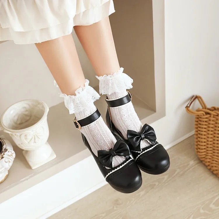 Women's Carved Bow Tie Ankle Strap Block Heel Platform Pumps