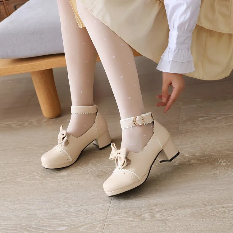Women's Carved Bow Tie Ankle Strap Block Heel Platform Pumps