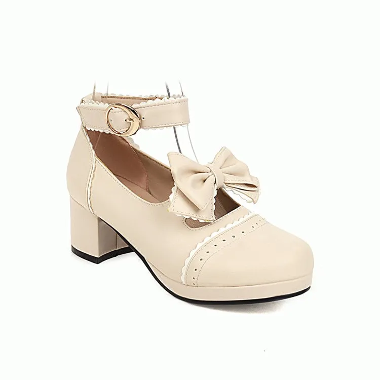 Women's Carved Bow Tie Ankle Strap Block Heel Platform Pumps