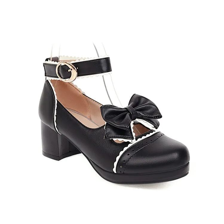 Women's Carved Bow Tie Ankle Strap Block Heel Platform Pumps