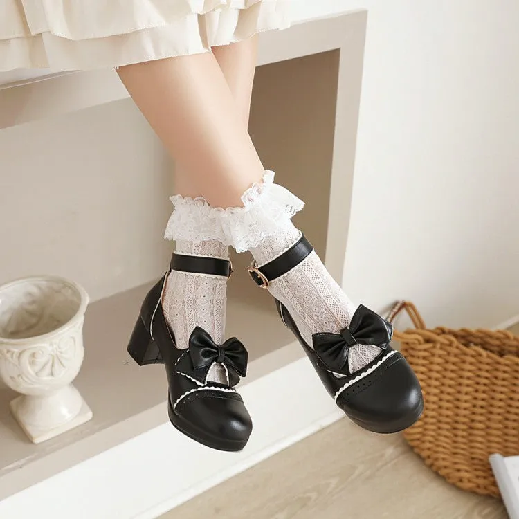 Women's Carved Bow Tie Ankle Strap Block Heel Platform Pumps
