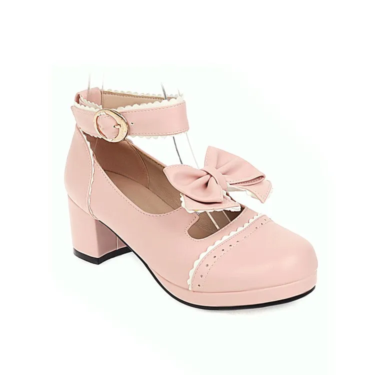 Women's Carved Bow Tie Ankle Strap Block Heel Platform Pumps