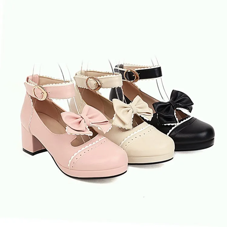 Women's Carved Bow Tie Ankle Strap Block Heel Platform Pumps