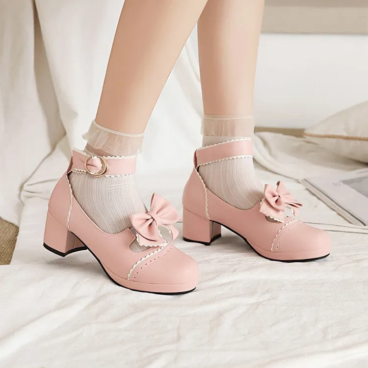 Women's Carved Bow Tie Ankle Strap Block Heel Platform Pumps