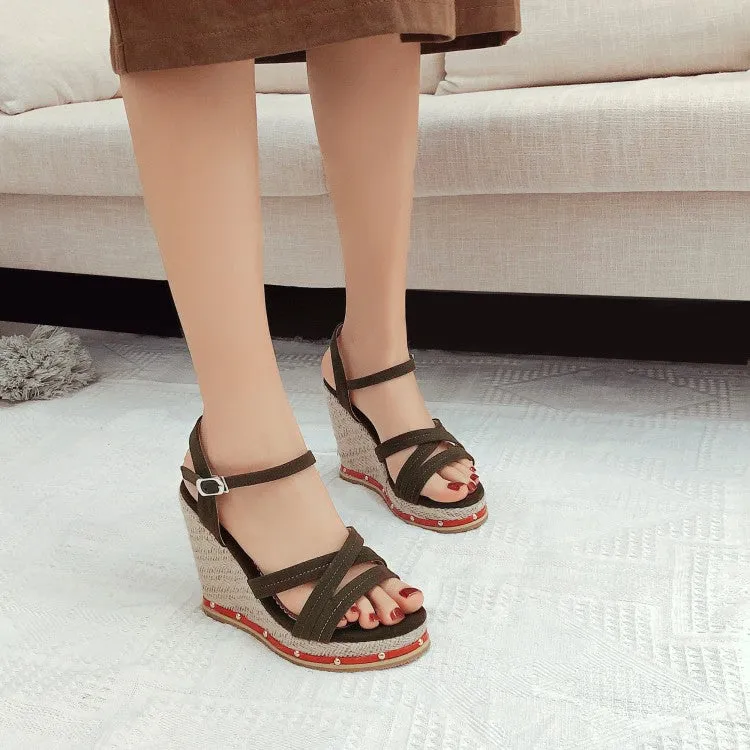 Women's Cross Strap Rivets Wedge Heel Platform Sandals