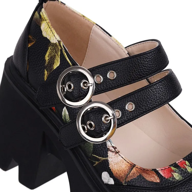 Women's Double Strap Mary Jane Platform Block Heels Pumps