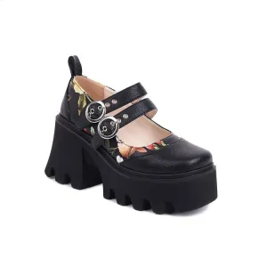 Women's Double Strap Mary Jane Platform Block Heels Pumps