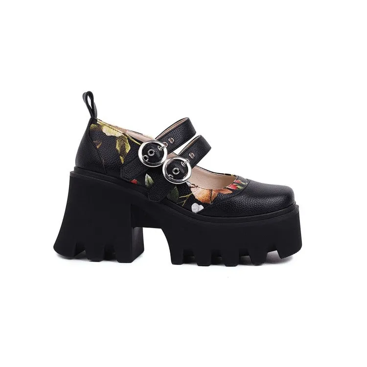 Women's Double Strap Mary Jane Platform Block Heels Pumps