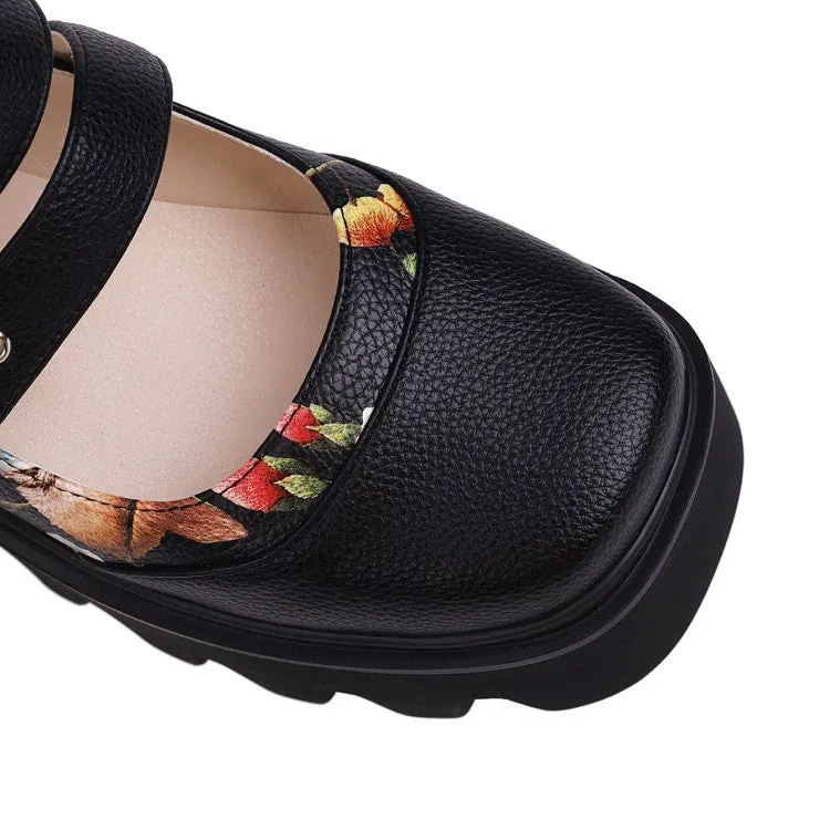 Women's Double Strap Mary Jane Platform Block Heels Pumps