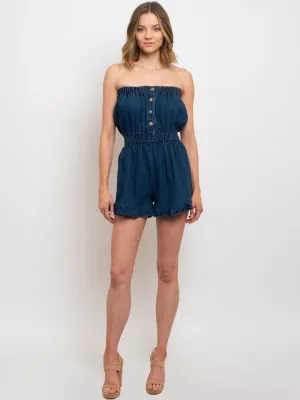 WOMEN'S ELASTIC WAIST DENIM ROMPER