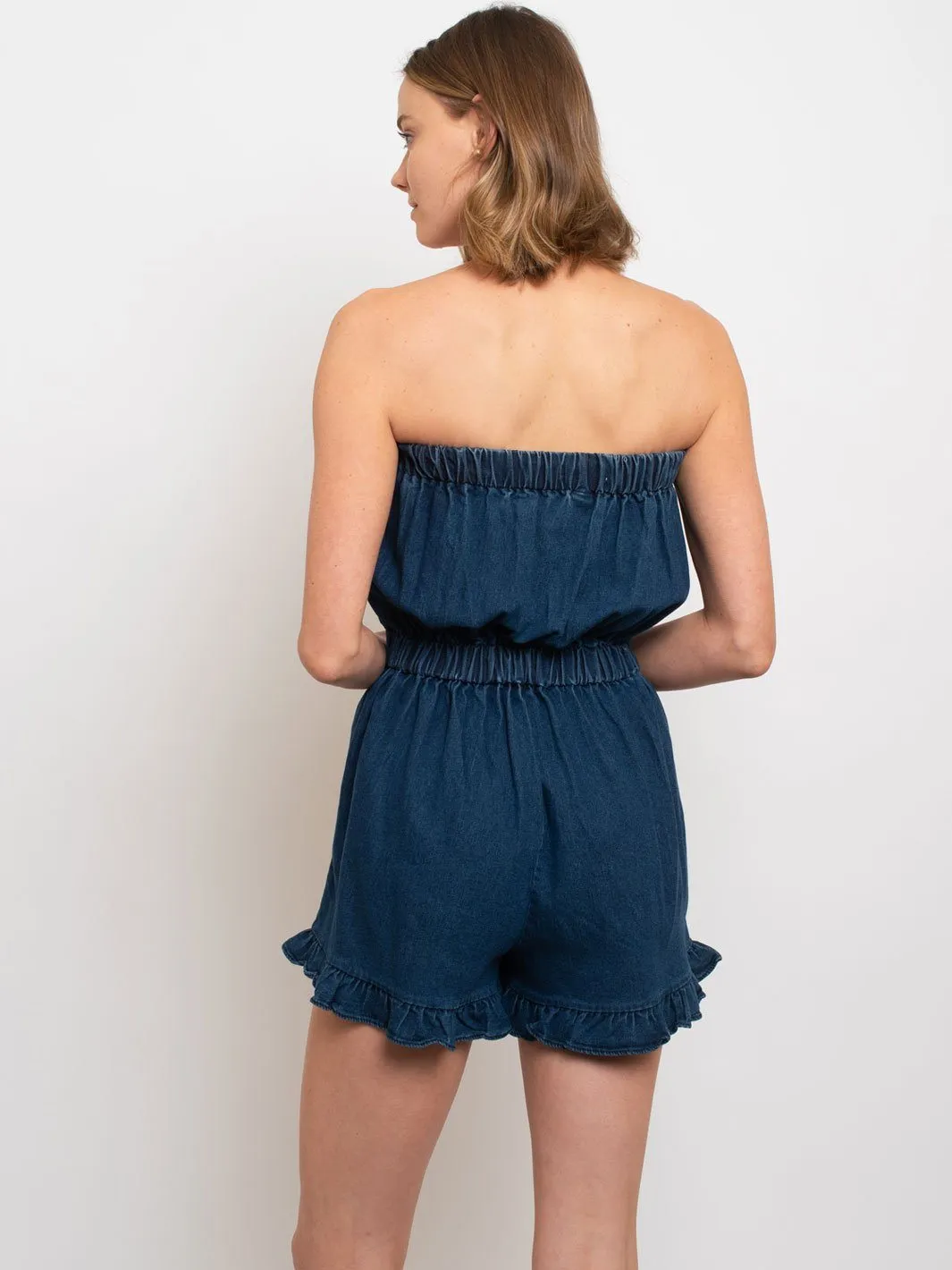 WOMEN'S ELASTIC WAIST DENIM ROMPER